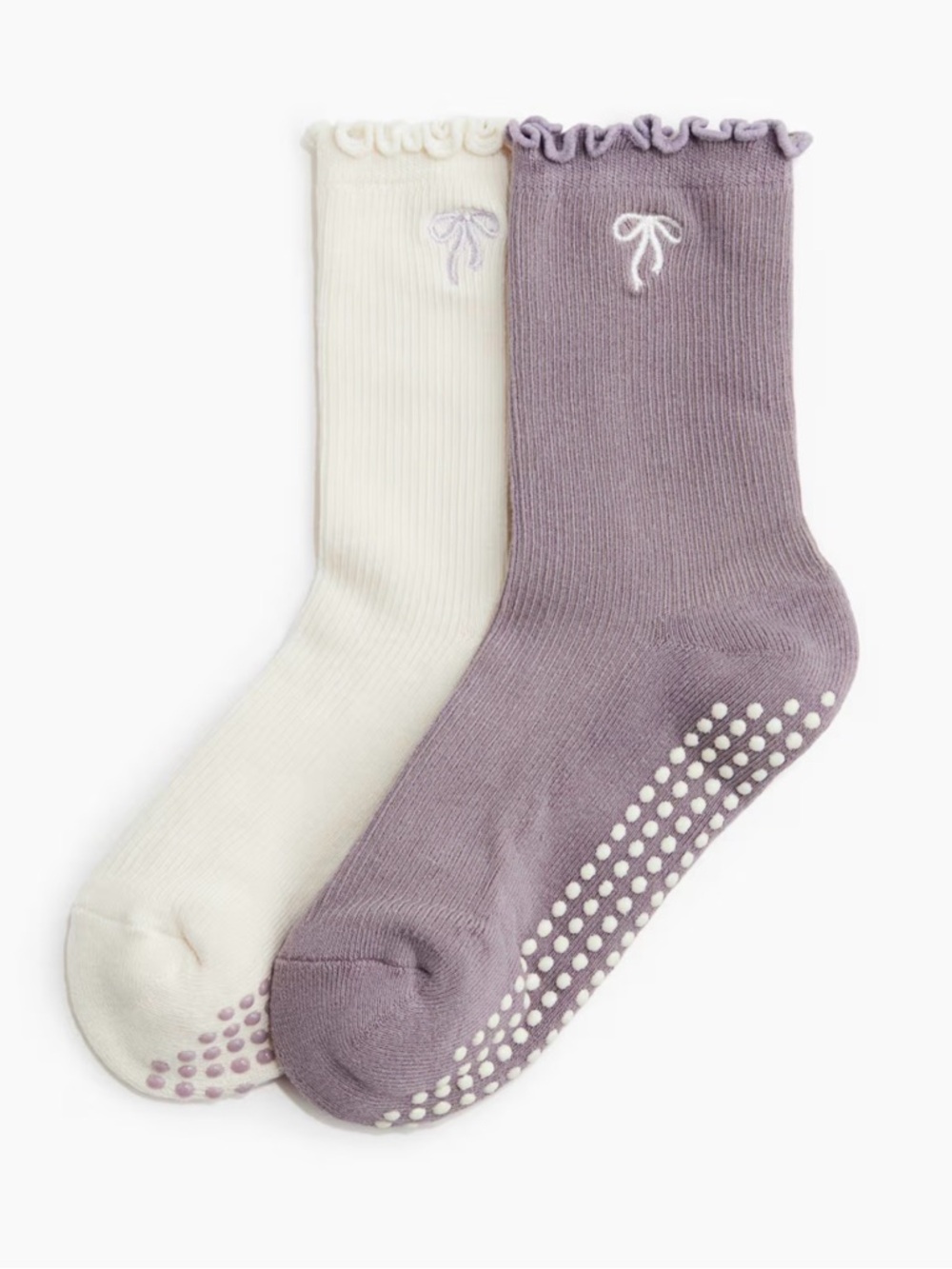 Women’s 2-Pack Ruffled Embroidered Bow Non-Slip Grip Socks: Cream & Lilac